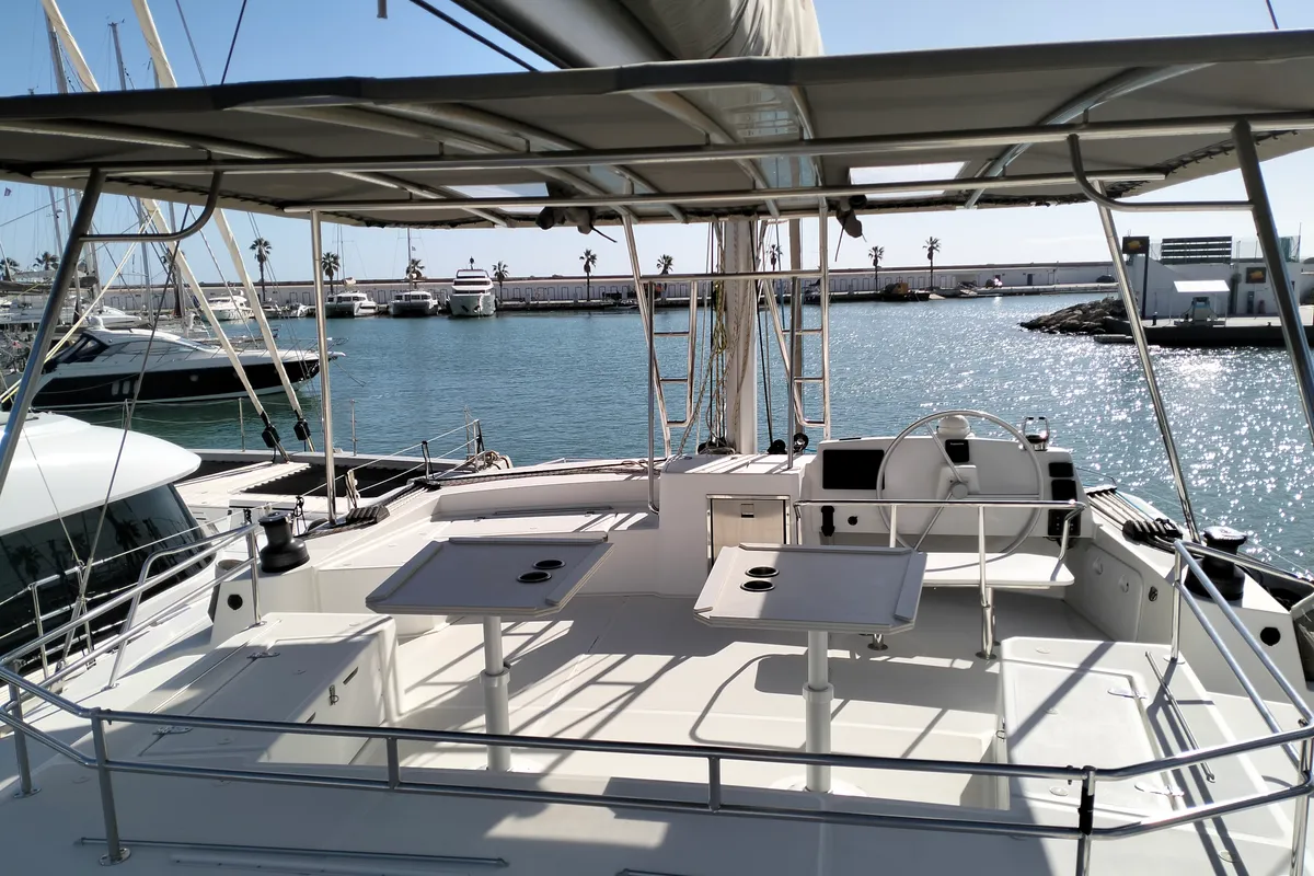 Cockpit of ONLY ONE LIFE, a Bali 5.4 catamaran at Sitges, Spain