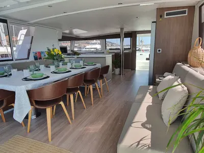 Salon of ONLY ONE LIFE, a Bali 5.4 catamaran at Sitges, Spain