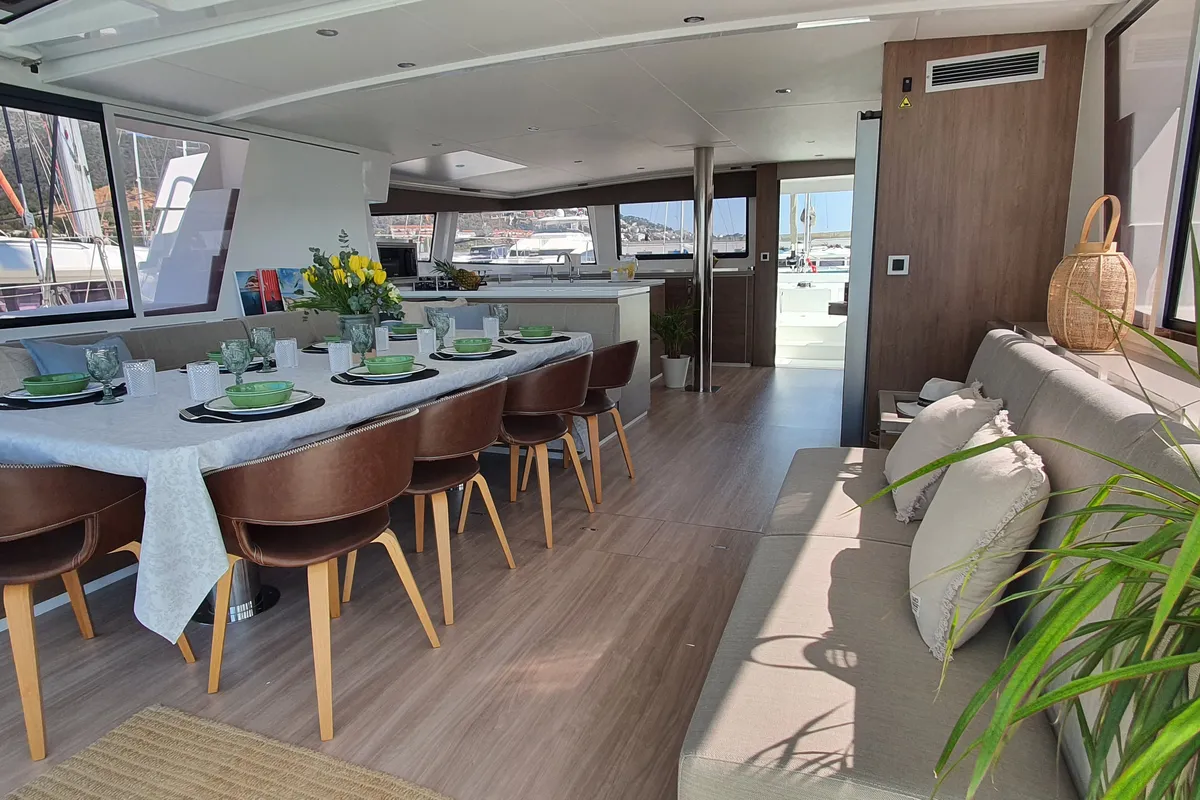 Salon of ONLY ONE LIFE, a Bali 5.4 catamaran at Sitges, Spain