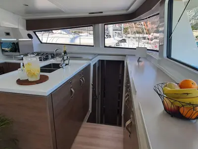 Galley of ONLY ONE LIFE, a Bali 5.4 catamaran at Sitges, Spain