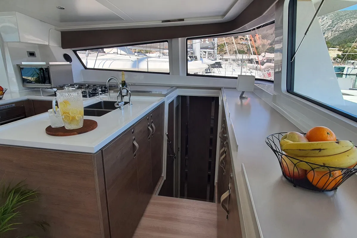 Galley of ONLY ONE LIFE, a Bali 5.4 catamaran at Sitges, Spain