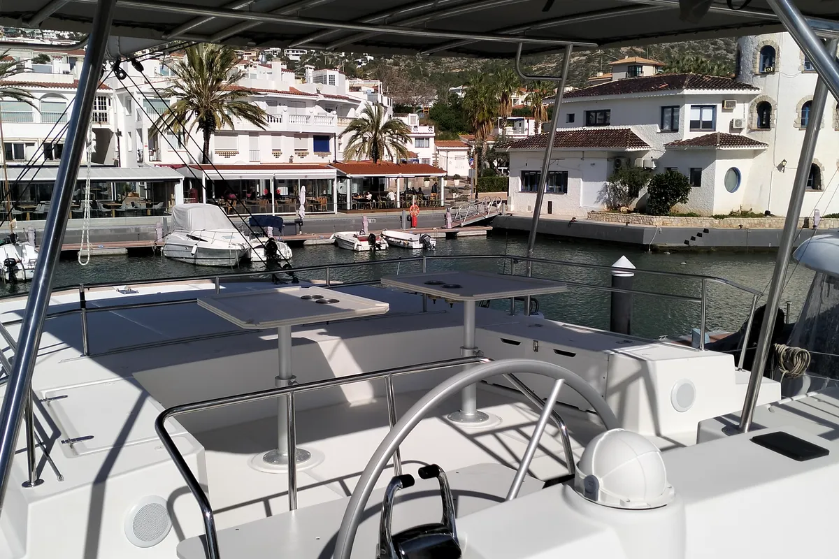 Cockpit of ONLY ONE LIFE, a Bali 5.4 catamaran at Sitges, Spain