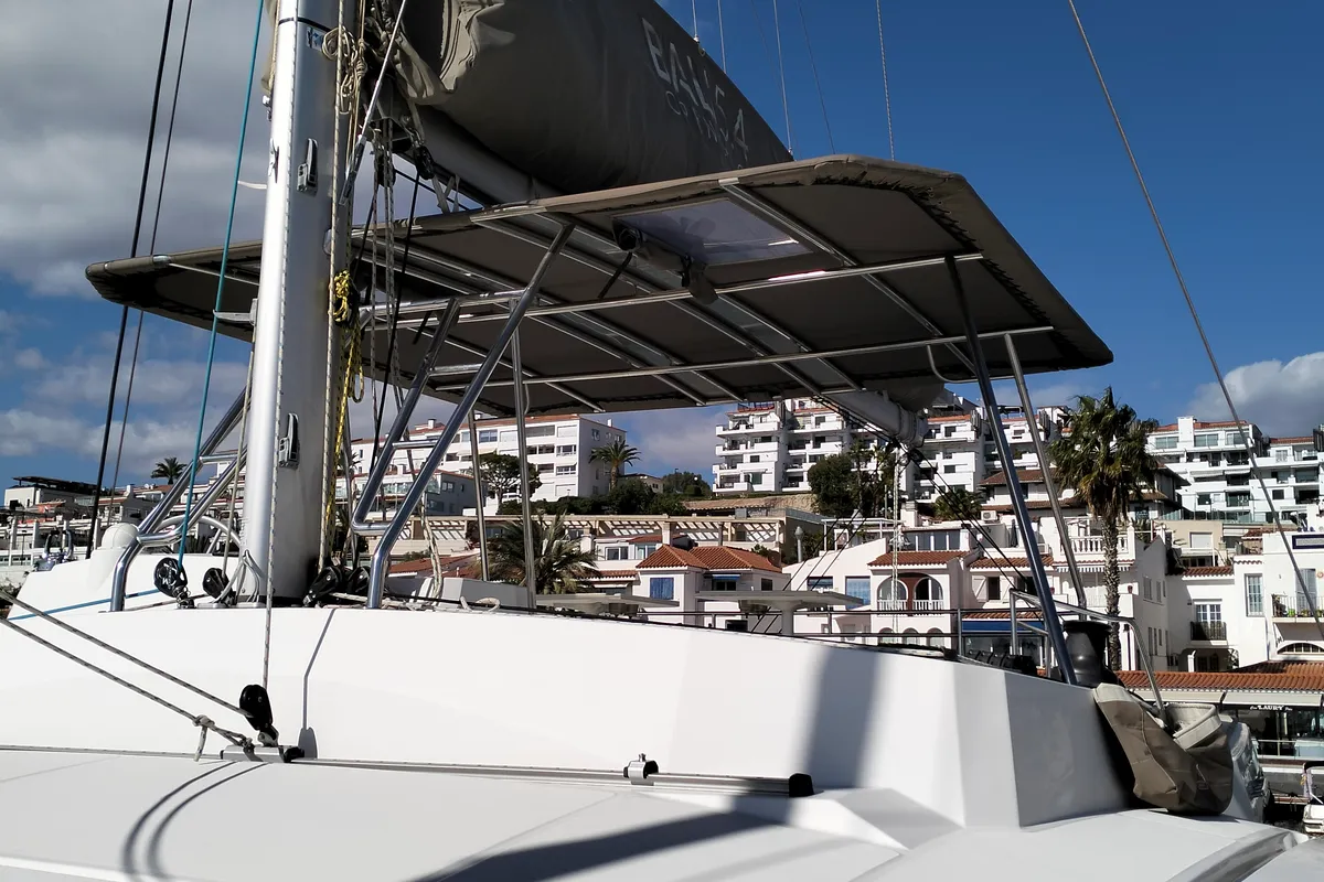 Deck of ONLY ONE LIFE, a Bali 5.4 catamaran at Sitges, Spain