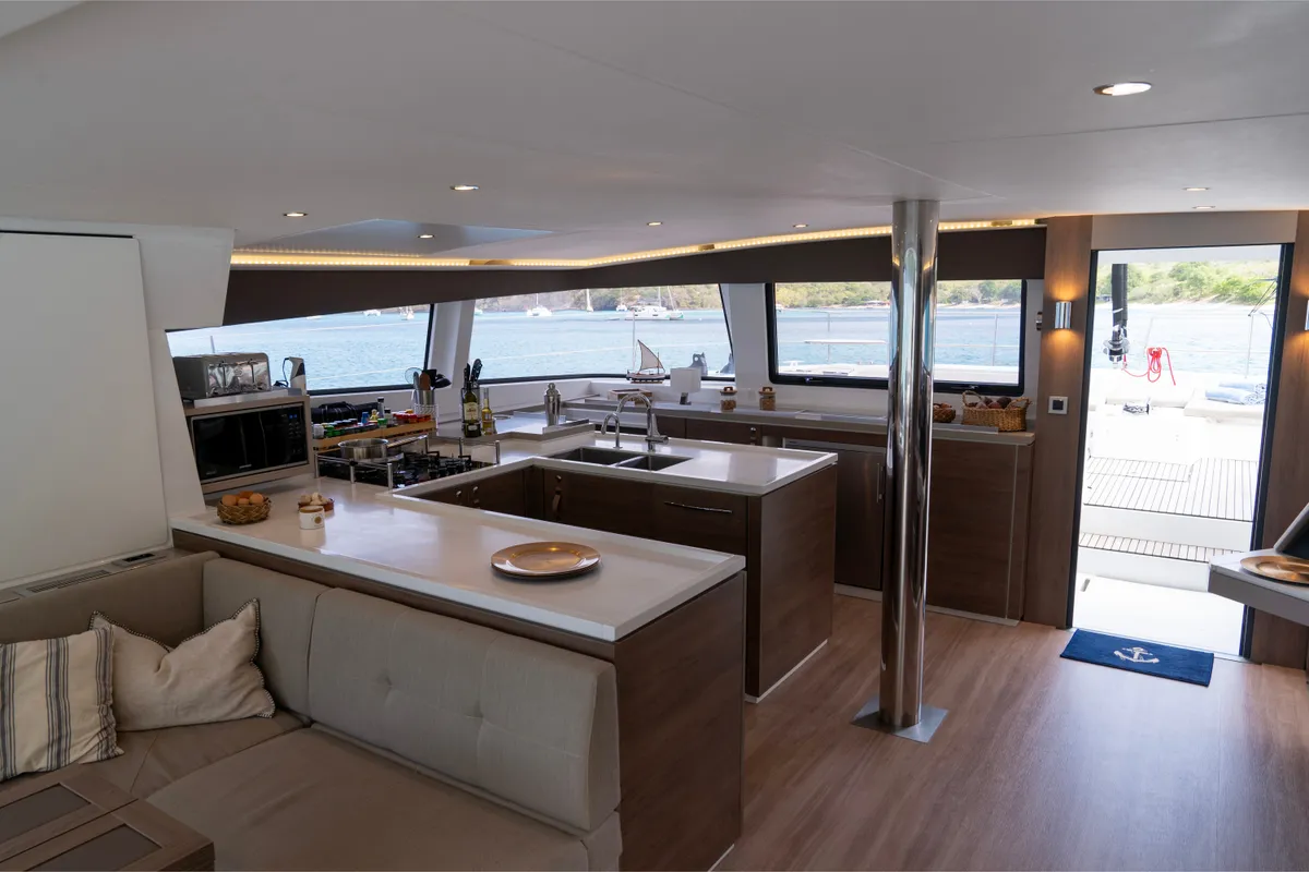 Salon of ONLY ONE LIFE, a Bali 5.4 catamaran at Sitges, Spain