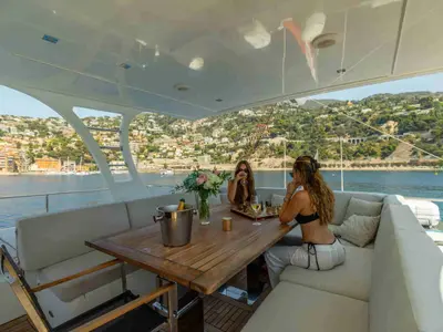 Deck of Alkimia, a Sunreef 74 catamaran at Milazzo, Italy