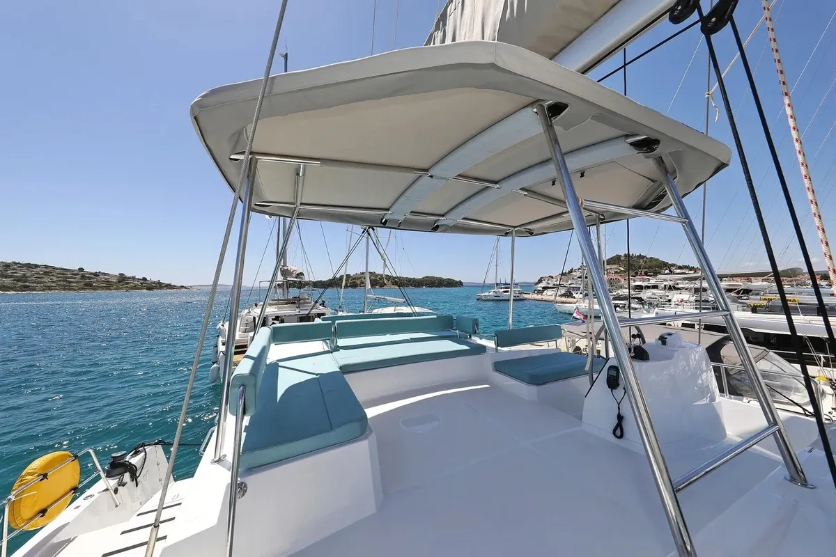 Deck of Brain, a Bali 4.6 catamaran at Seget Donji, Croatia