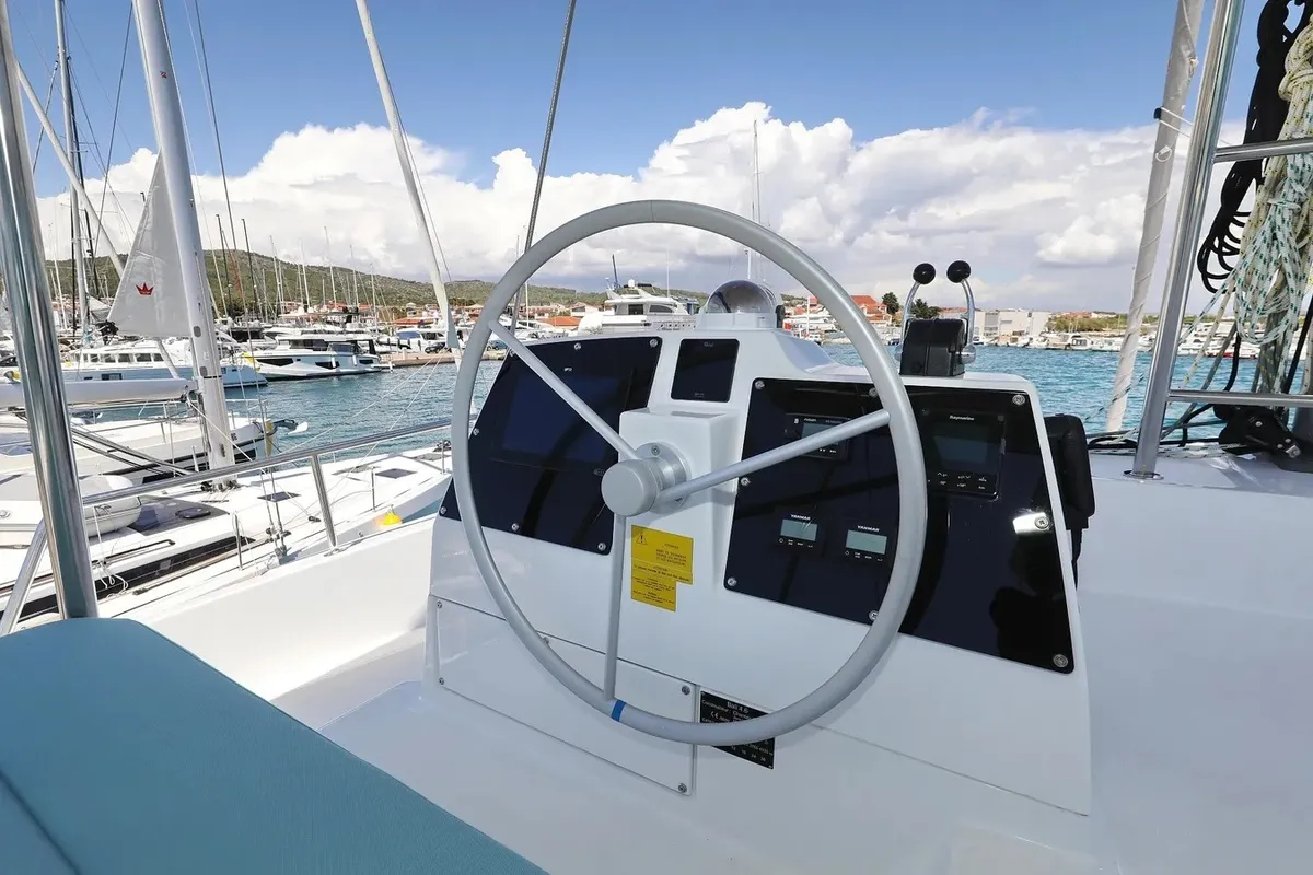 Cockpit of Brain, a Bali 4.6 catamaran at Seget Donji, Croatia
