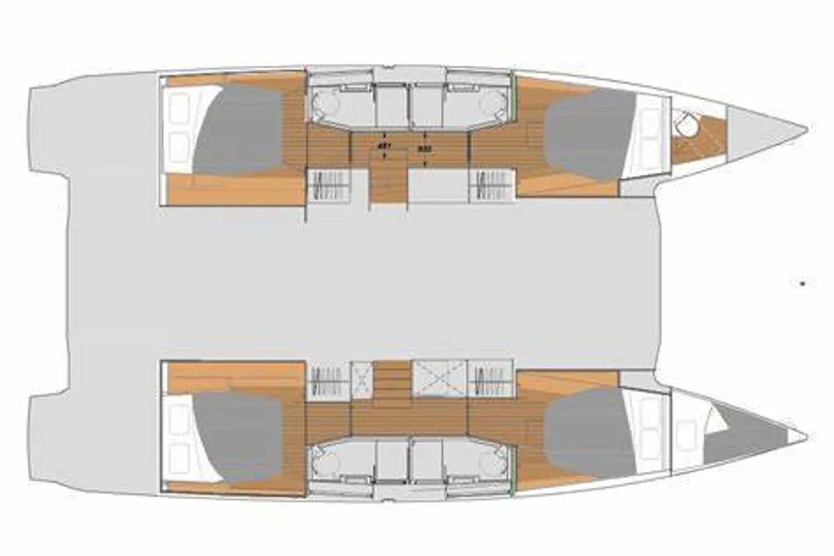 Floor plan of Ola 2, a Fountaine Pajot Elba 45 catamaran at Alameda, United States