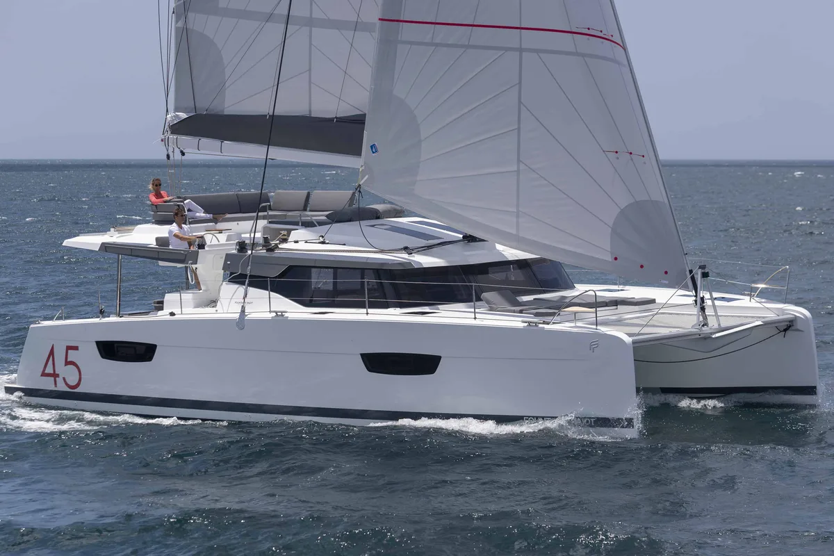 Exterior view of Ola 2, a Fountaine Pajot Elba 45 catamaran at Alameda, United States