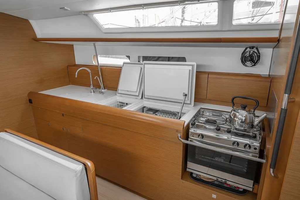 Salon of Alpha, a Jeanneau Sun Odyssey 479 sailboat at Benitses, Greece