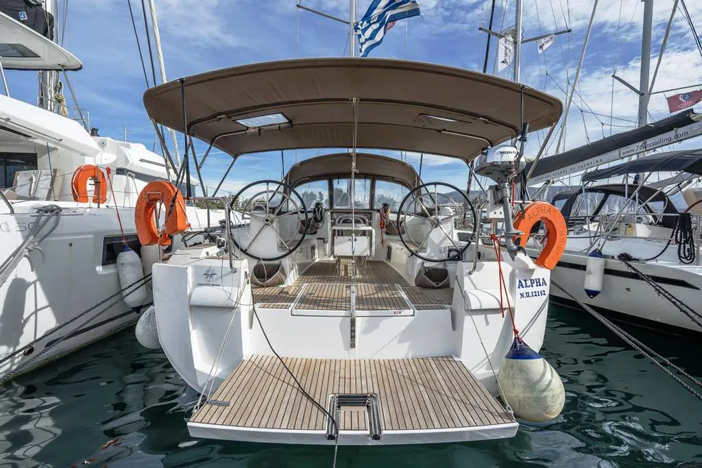 Exterior view of Alpha, a Jeanneau Sun Odyssey 479 sailboat at Benitses, Greece