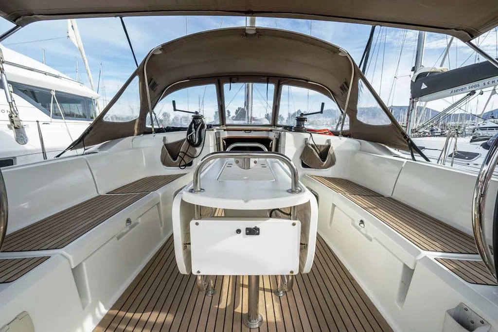 Exterior view of Alpha, a Jeanneau Sun Odyssey 479 sailboat at Benitses, Greece