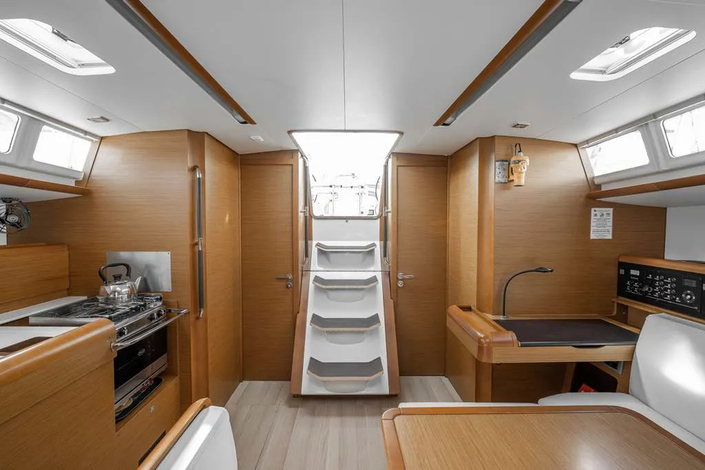 Cabin on Alpha, a Jeanneau Sun Odyssey 479 sailboat at Benitses, Greece