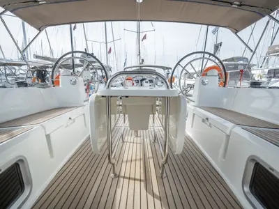 Cockpit of Alpha, a Jeanneau Sun Odyssey 479 sailboat at Benitses, Greece