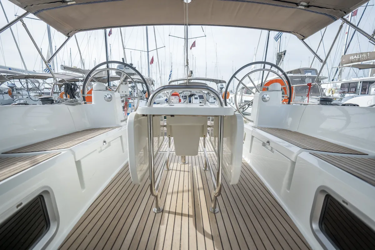 Cockpit of Alpha, a Jeanneau Sun Odyssey 479 sailboat at Benitses, Greece
