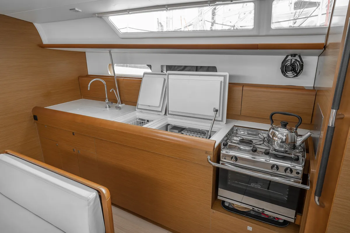 Galley of Alpha, a Jeanneau Sun Odyssey 479 sailboat at Benitses, Greece