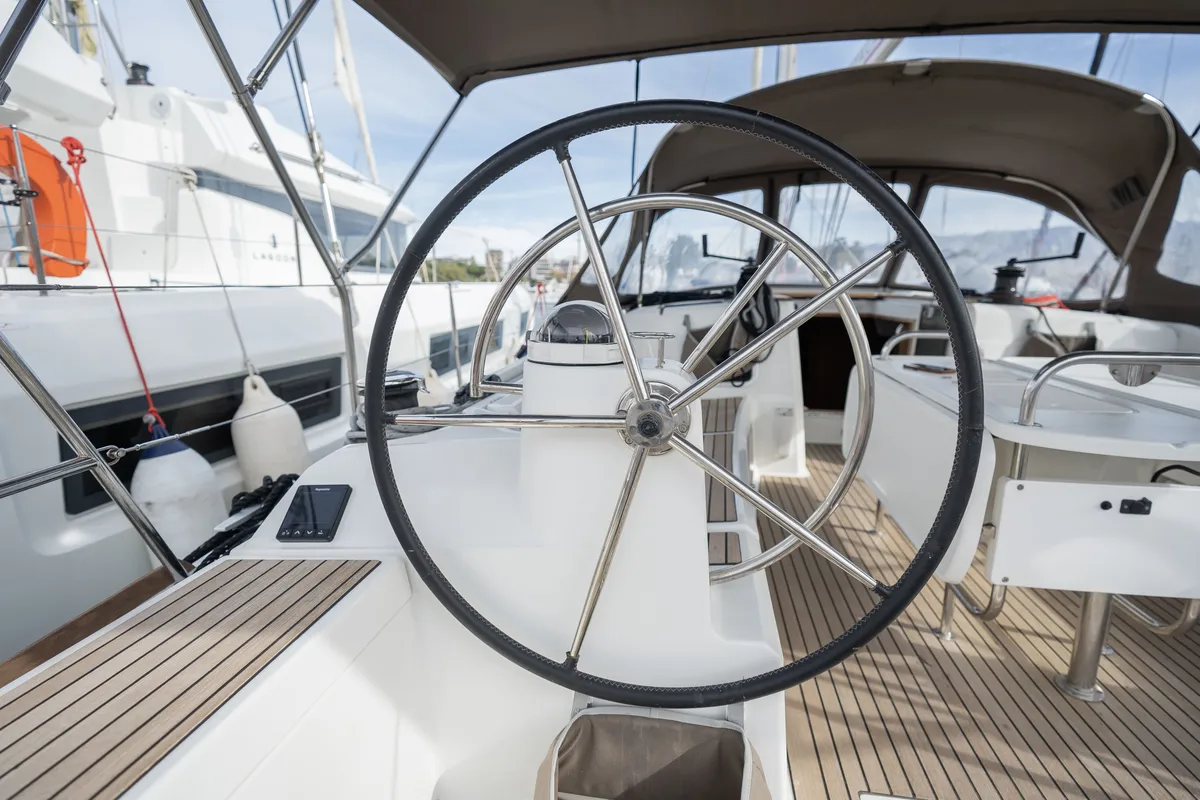 Cockpit of Alpha, a Jeanneau Sun Odyssey 479 sailboat at Benitses, Greece
