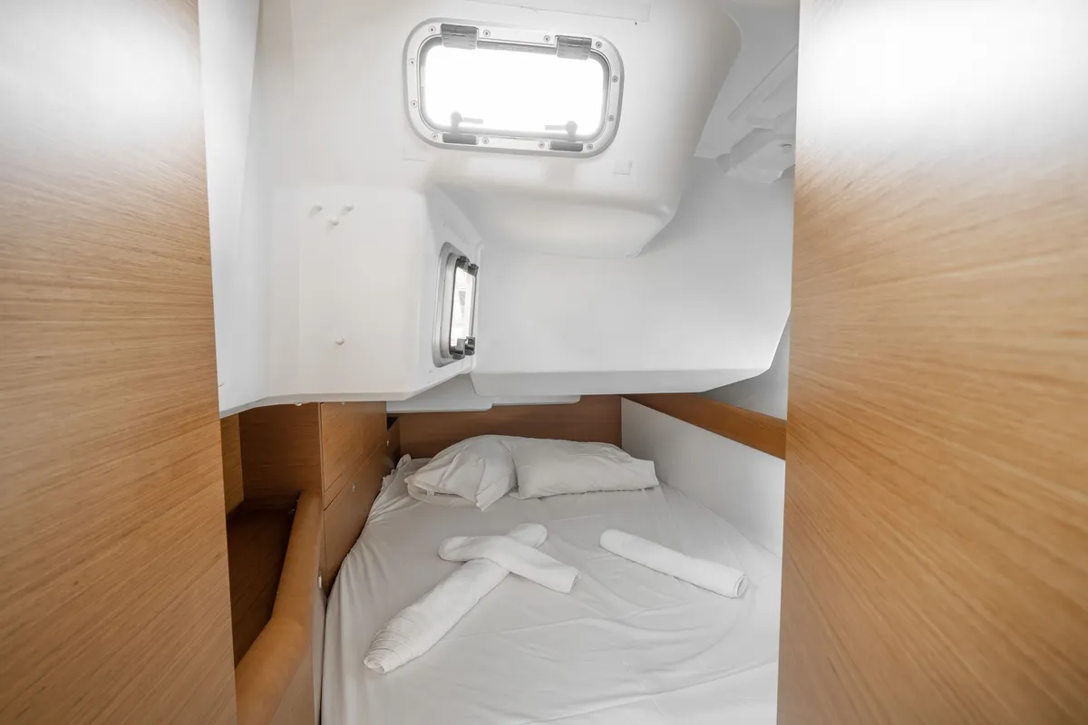 Cabin on Alpha, a Jeanneau Sun Odyssey 479 sailboat at Benitses, Greece
