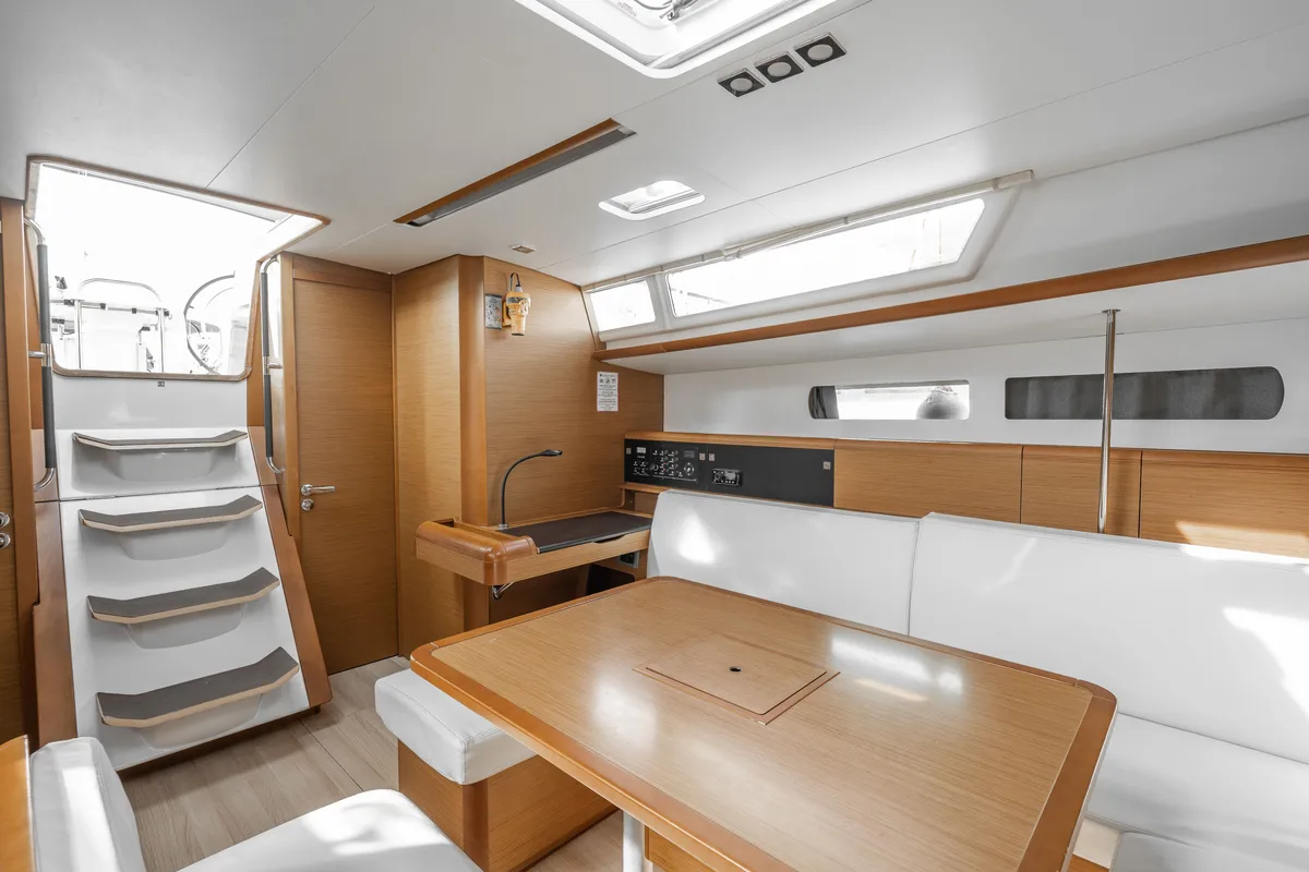Salon of Alpha, a Jeanneau Sun Odyssey 479 sailboat at Benitses, Greece