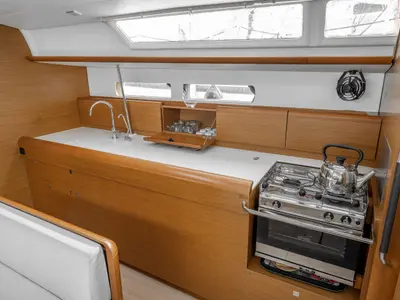 Galley of Alpha, a Jeanneau Sun Odyssey 479 sailboat at Benitses, Greece