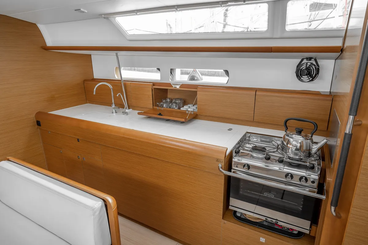 Galley of Alpha, a Jeanneau Sun Odyssey 479 sailboat at Benitses, Greece