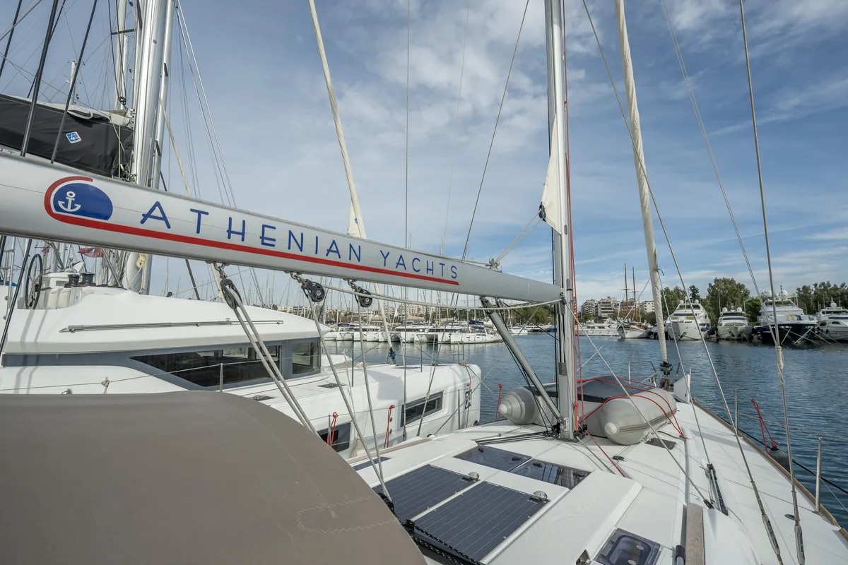 Exterior view of Alpha, a Jeanneau Sun Odyssey 479 sailboat at Benitses, Greece