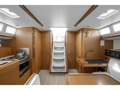 Salon of Alpha, a Jeanneau Sun Odyssey 479 sailboat at Benitses, Greece
