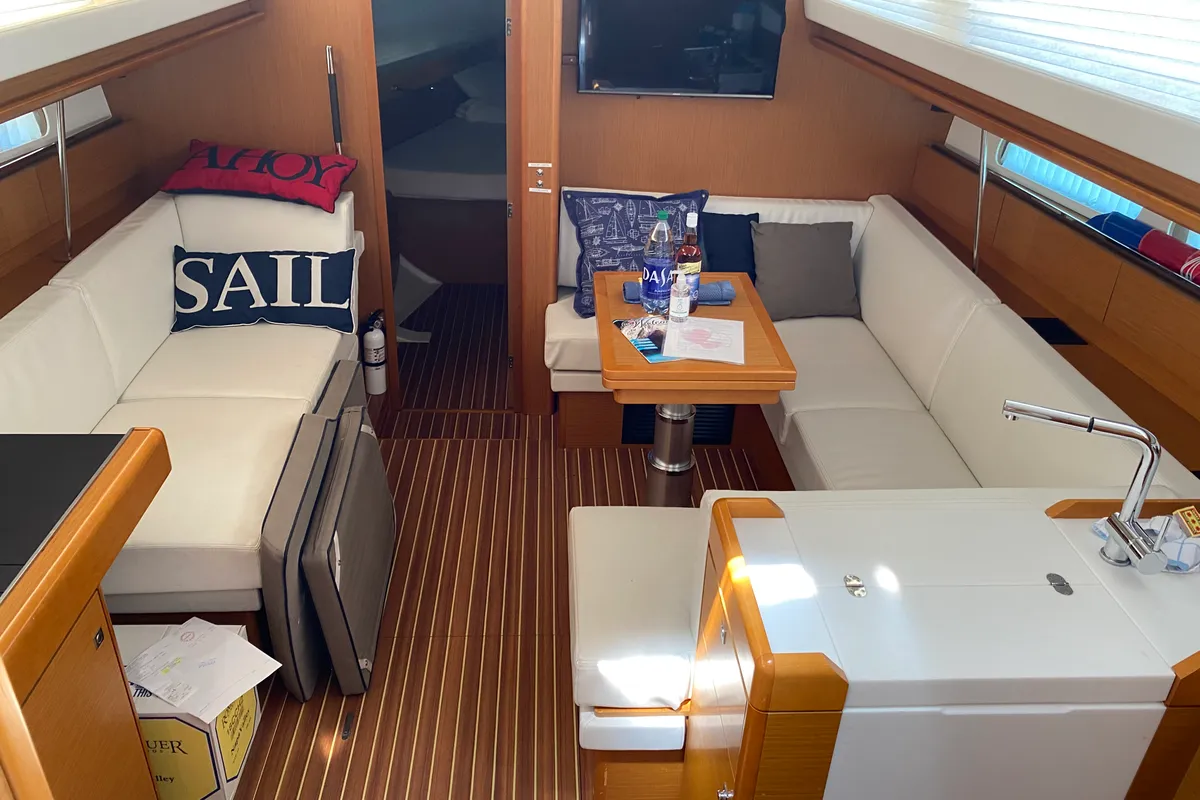 Exterior view of Descanso, a Jeanneau Sun Odyssey 41DS sailboat at Road Town, British Virgin Islands