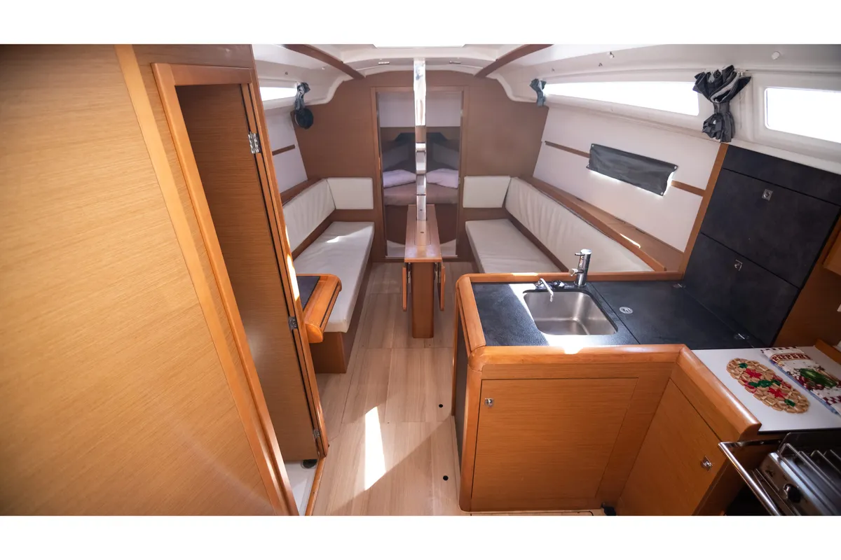 Salon of Dimitra, a Jeanneau Sun Odyssey 349 sailboat at Municipal Unit of Nea Peramos, Greece