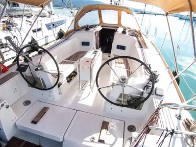 Cockpit of Dimitra, a Jeanneau Sun Odyssey 349 sailboat at Municipal Unit of Nea Peramos, Greece