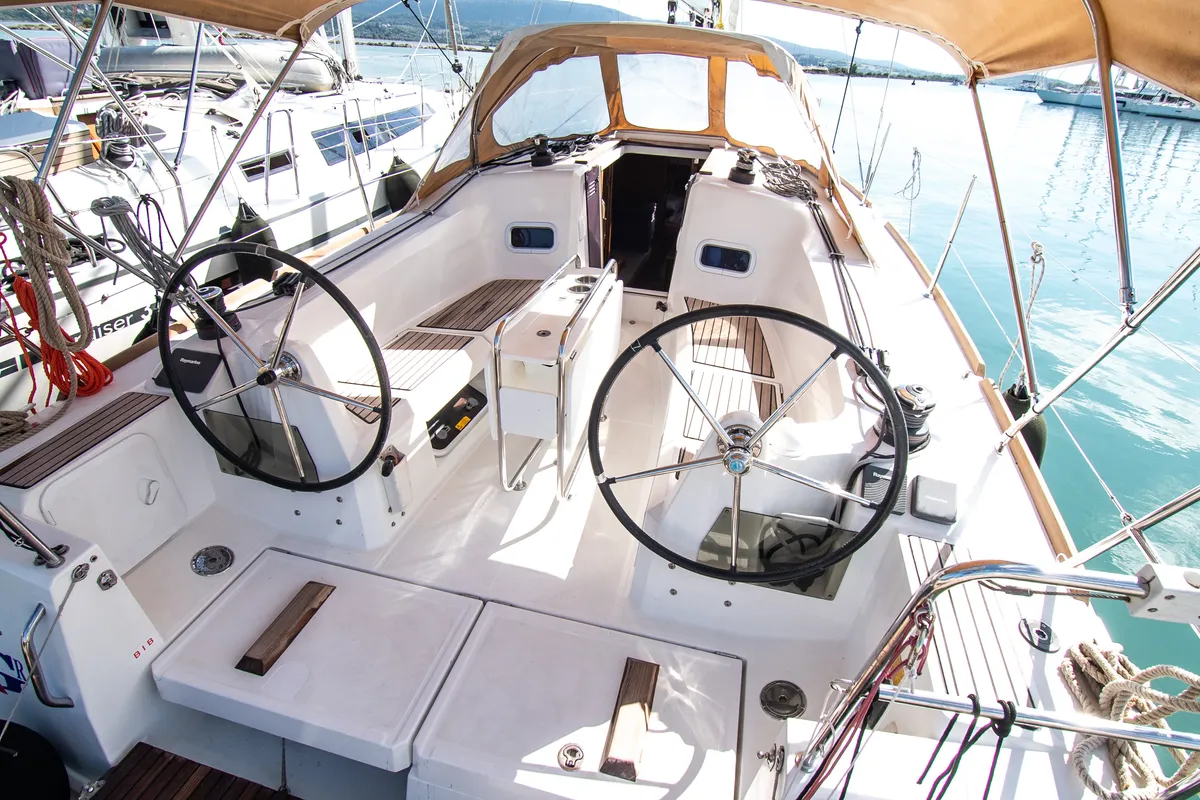 Cockpit of Dimitra, a Jeanneau Sun Odyssey 349 sailboat at Municipal Unit of Nea Peramos, Greece