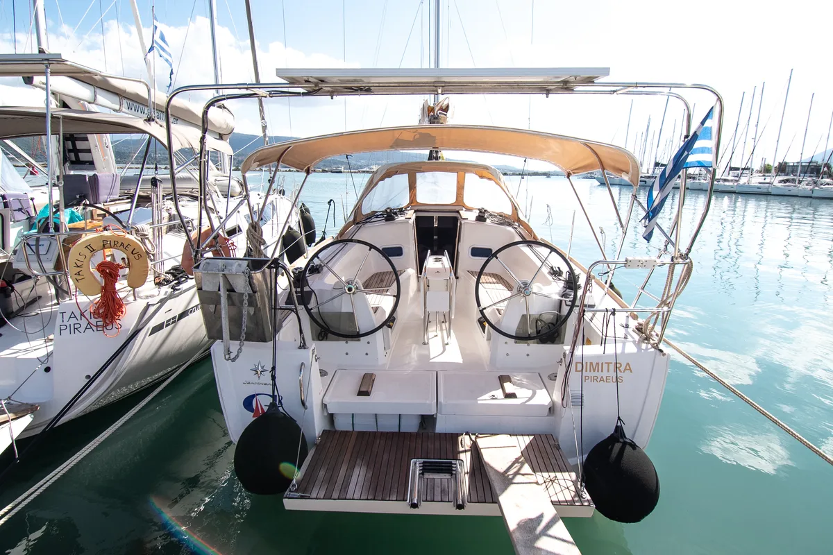 Exterior view of Dimitra, a Jeanneau Sun Odyssey 349 sailboat at Municipal Unit of Nea Peramos, Greece