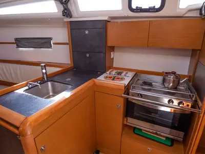 Galley of Dimitra, a Jeanneau Sun Odyssey 349 sailboat at Municipal Unit of Nea Peramos, Greece
