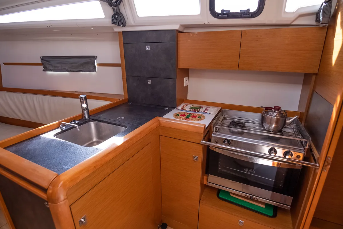 Galley of Dimitra, a Jeanneau Sun Odyssey 349 sailboat at Municipal Unit of Nea Peramos, Greece