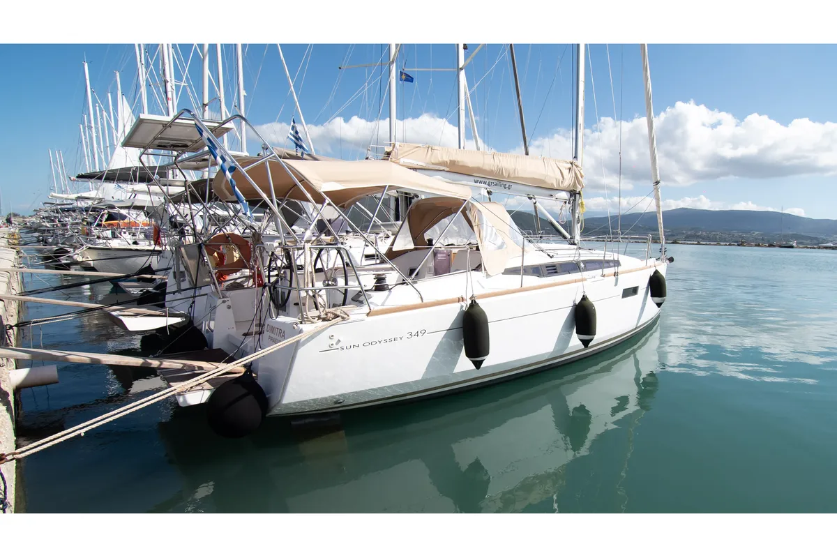 Exterior view of Dimitra, a Jeanneau Sun Odyssey 349 sailboat at Municipal Unit of Nea Peramos, Greece