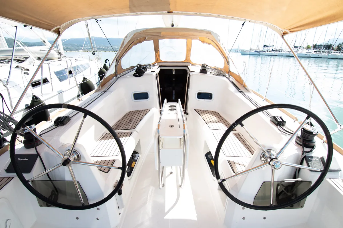 Cockpit of Dimitra, a Jeanneau Sun Odyssey 349 sailboat at Municipal Unit of Nea Peramos, Greece