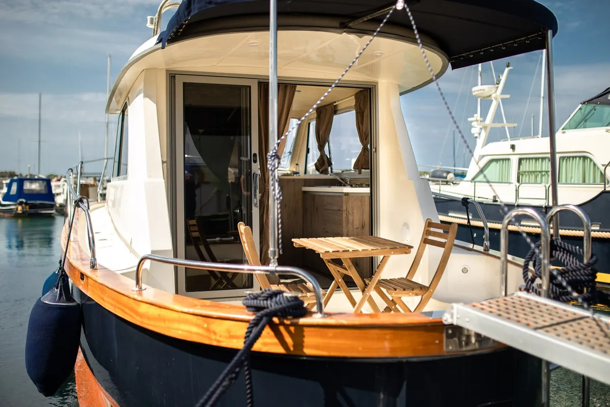 Deck of Paola, a Brodoremont Punat Adria Mare 38 motor yacht at Punat, Croatia