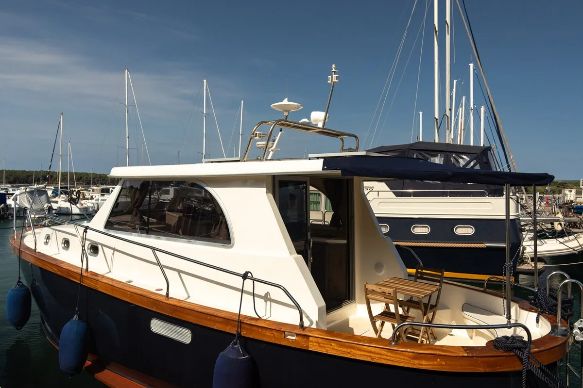 Exterior view of Paola, a Brodoremont Punat Adria Mare 38 motor yacht at Punat, Croatia
