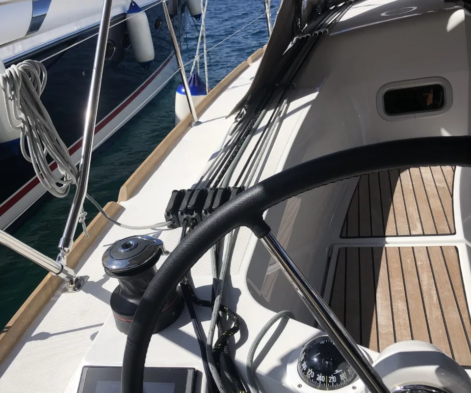 Cockpit of Nara, a Jeanneau Sun Odyssey 349 sailboat at Mali Lošinj, Croatia