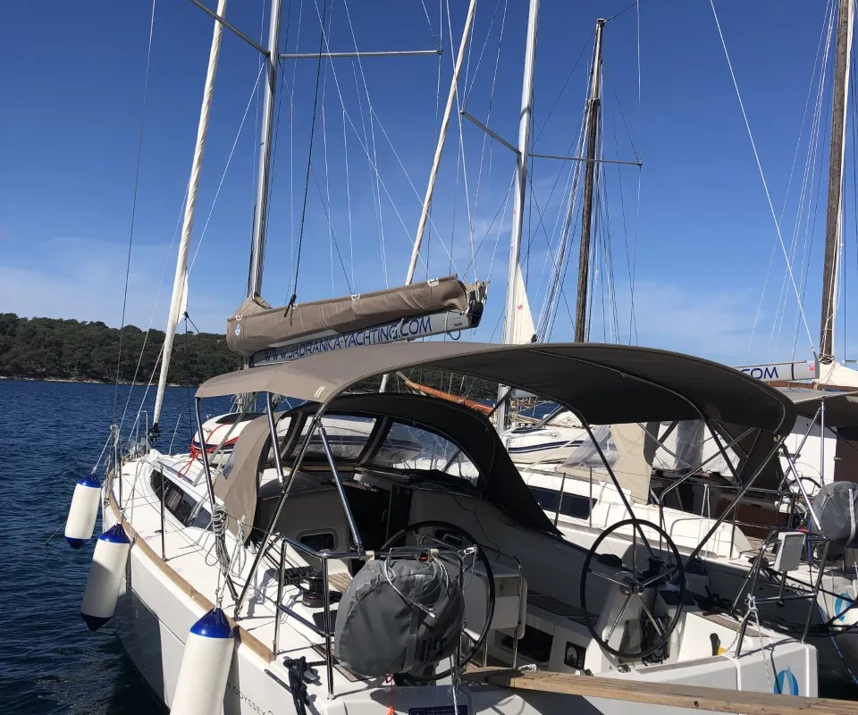 Exterior view of Nara, a Jeanneau Sun Odyssey 349 sailboat at Mali Lošinj, Croatia