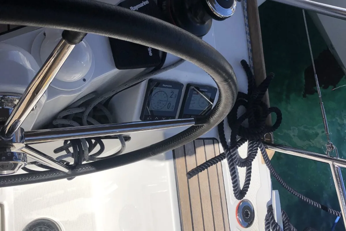 Cockpit of Nara, a Jeanneau Sun Odyssey 349 sailboat at Mali Lošinj, Croatia