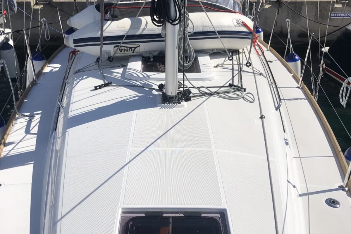 Deck of Nara, a Jeanneau Sun Odyssey 349 sailboat at Mali Lošinj, Croatia