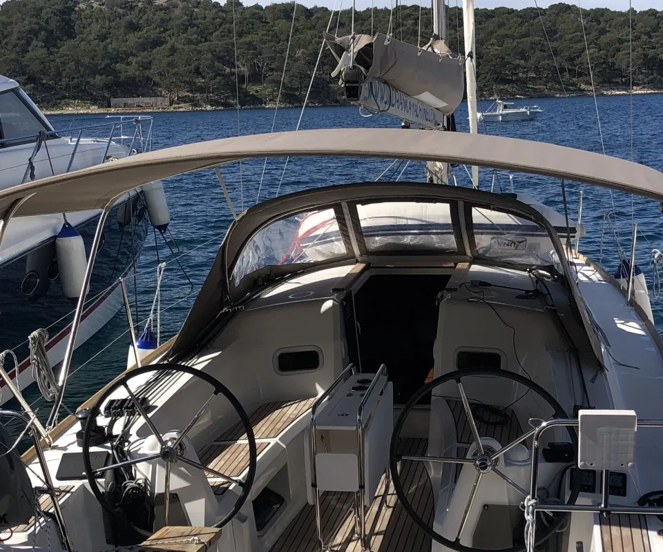 Cockpit of Nara, a Jeanneau Sun Odyssey 349 sailboat at Mali Lošinj, Croatia