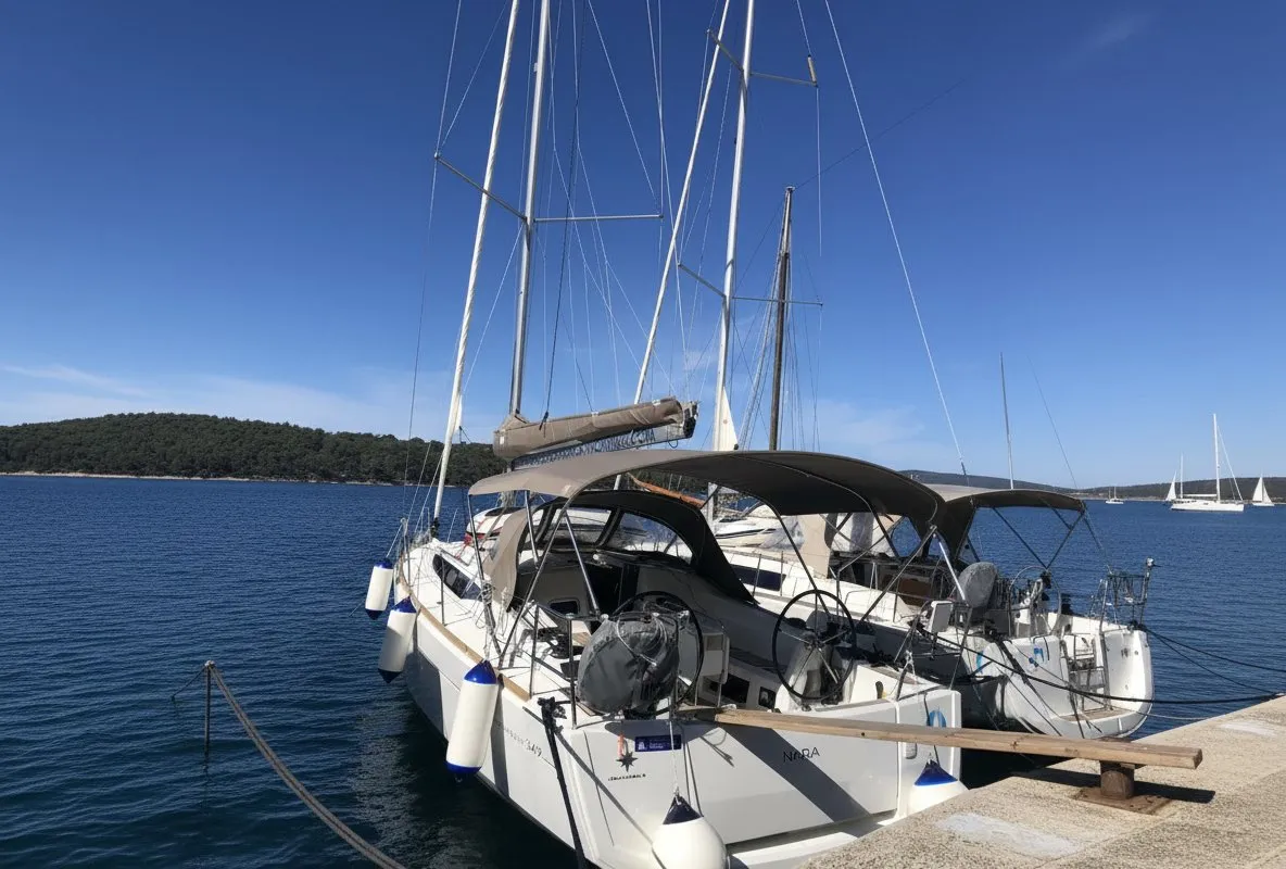 Exterior view of Nara, a Jeanneau Sun Odyssey 349 sailboat at Mali Lošinj, Croatia