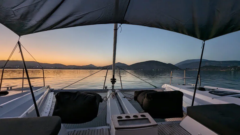 Deck of Aegeus, a Lagoon 51 - 6 cab. catamaran at Piraeus, Greece