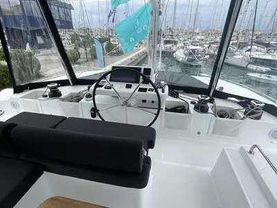Cockpit of Aegeus, a Lagoon 51 - 6 cab. catamaran at Piraeus, Greece