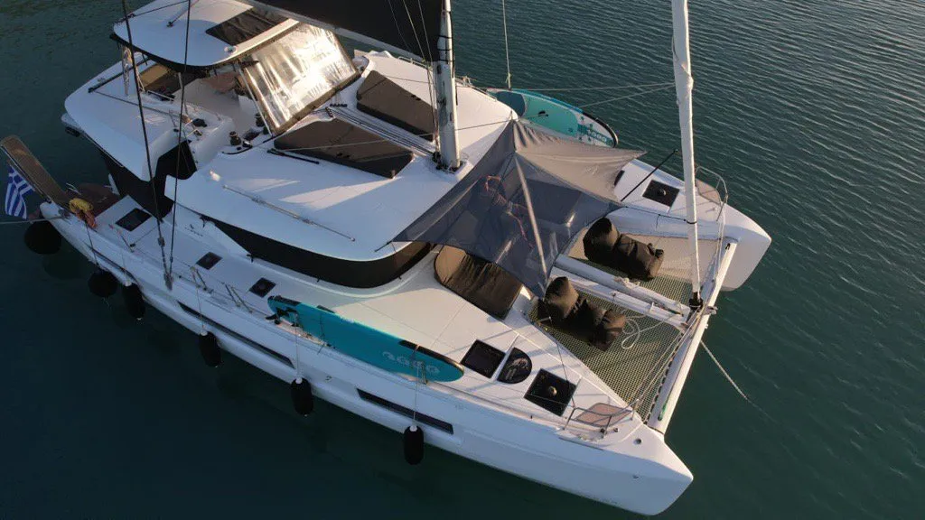 Exterior view of Aegeus, a Lagoon 51 - 6 cab. catamaran at Piraeus, Greece