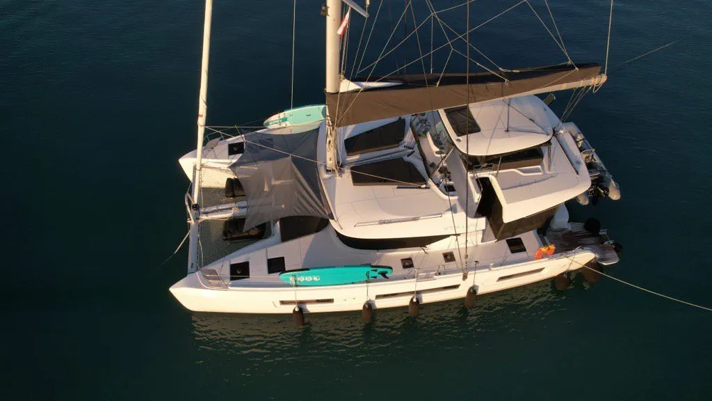 Exterior view of Aegeus, a Lagoon 51 - 6 cab. catamaran at Piraeus, Greece