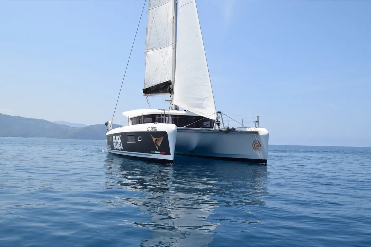 Exterior view of Claudia, a Lagoon 42 catamaran at Palermo, Italy