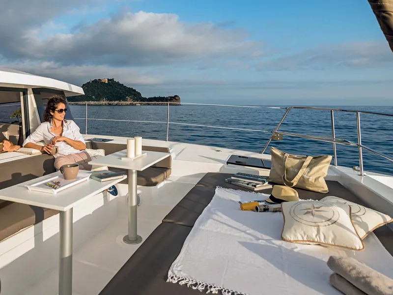 Deck of Summertime, a Bali 4.1 catamaran at Procida, Italy
